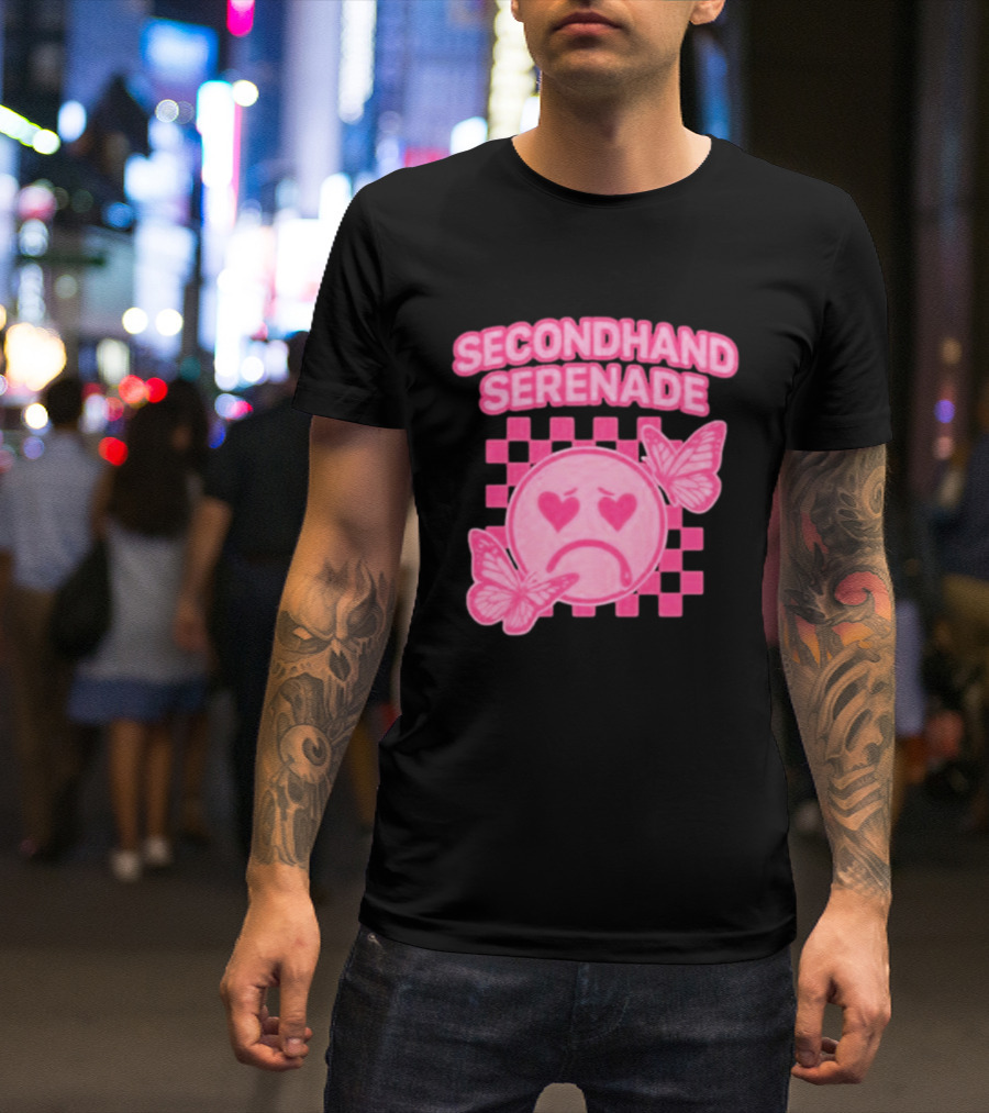 Secondhand Serenade Sad Emo Pink Heartbroken Face With Butterflies T-Shirt