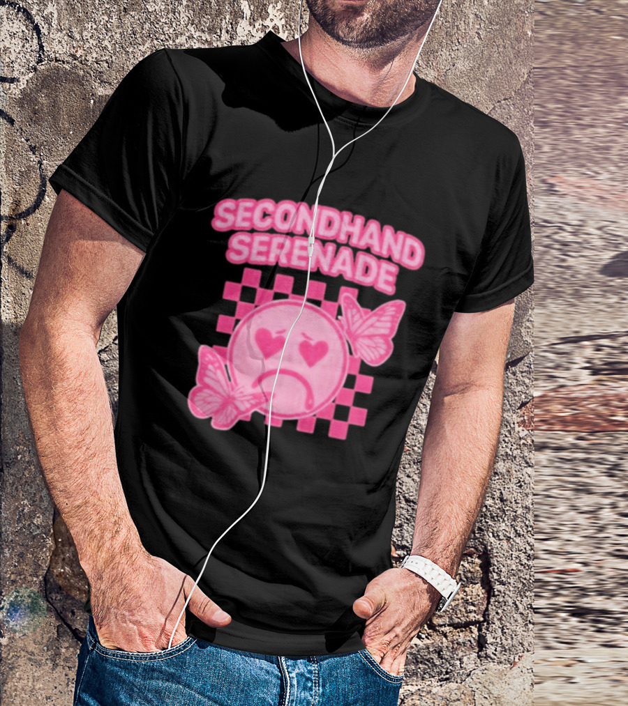 Secondhand Serenade Sad Emo Pink Heartbroken Face With Butterflies T-Shirt
