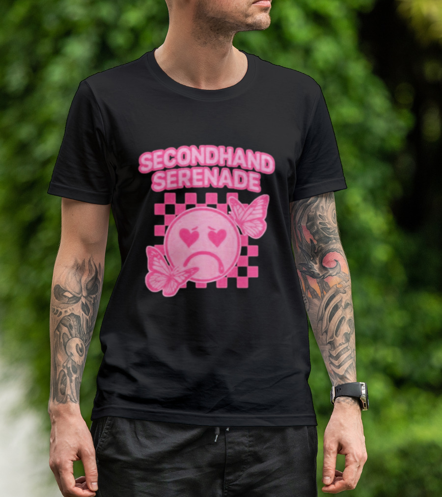 Secondhand Serenade Sad Emo Pink Heartbroken Face With Butterflies T-Shirt