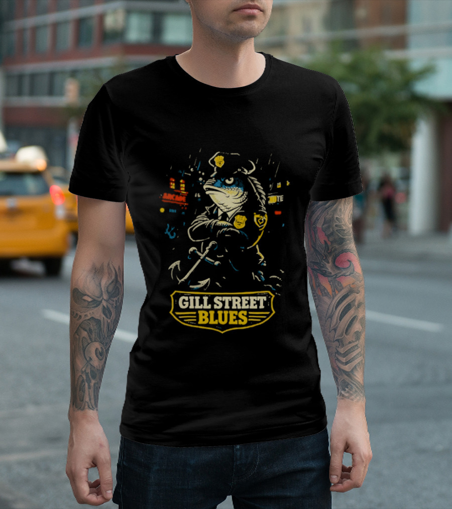 Gill Street Blues Police Fish Retro Cartoon T-Shirt