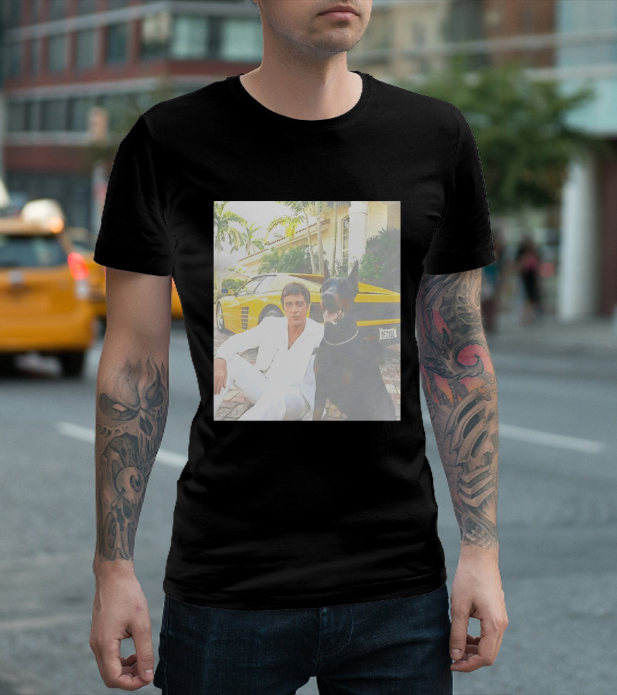 Tony Montana With Dog In Front Of Yellow Sports Car Scene From Scarface T-Shirt