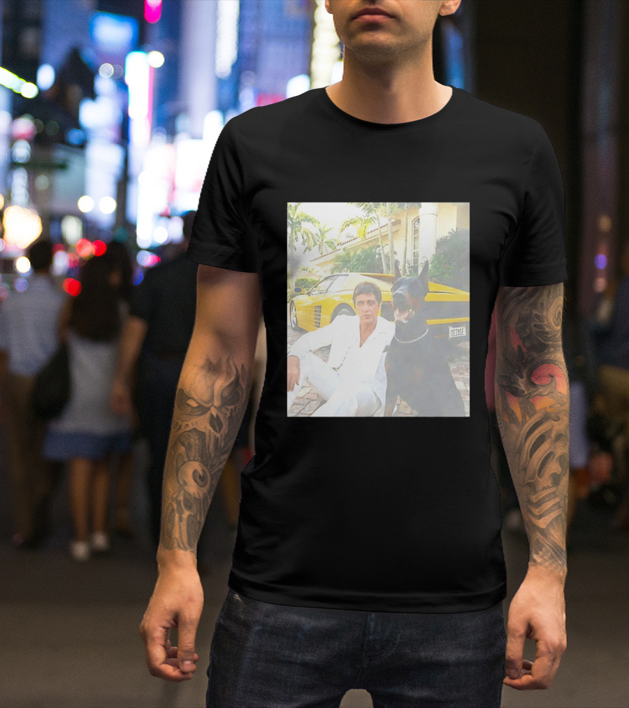 Tony Montana With Dog In Front Of Yellow Sports Car Scene From Scarface T-Shirt