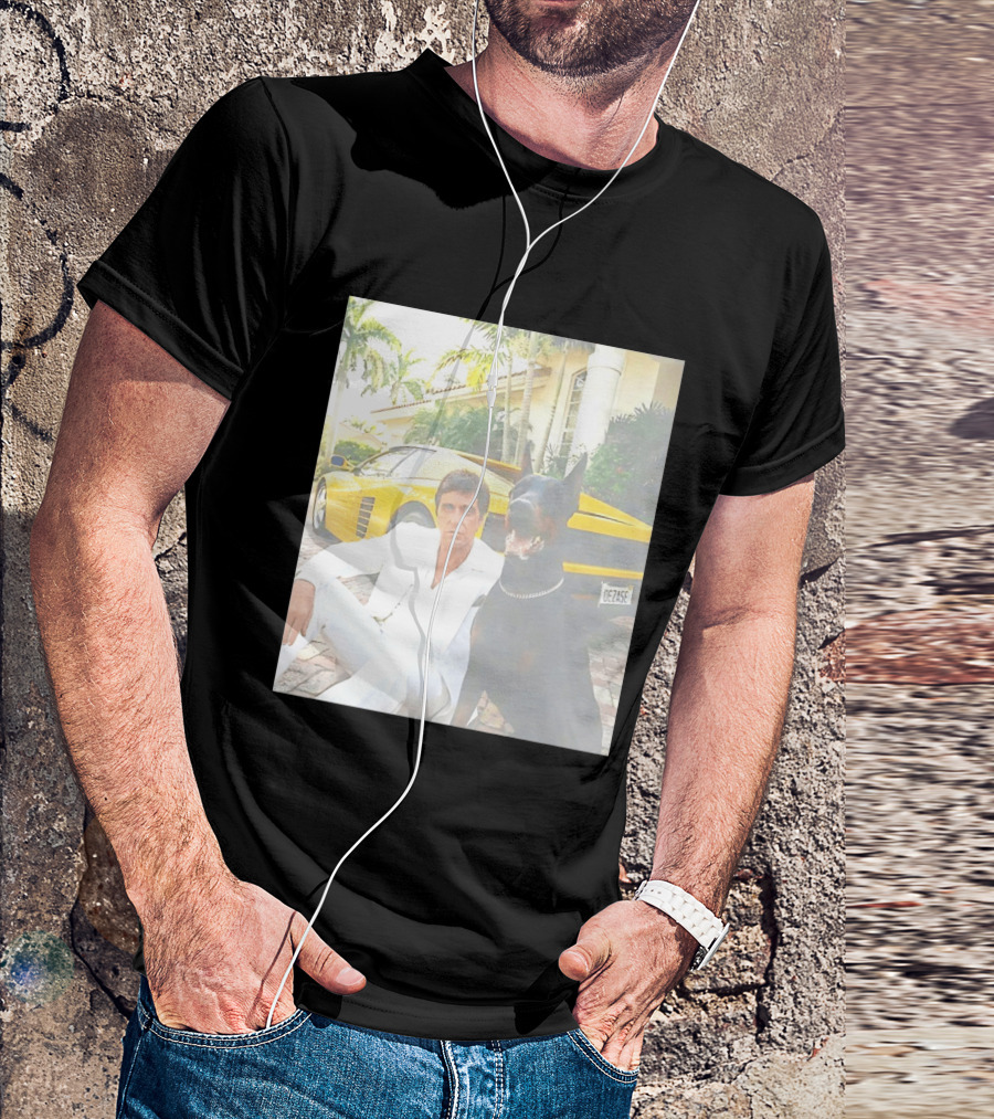 Tony Montana With Dog In Front Of Yellow Sports Car Scene From Scarface T-Shirt