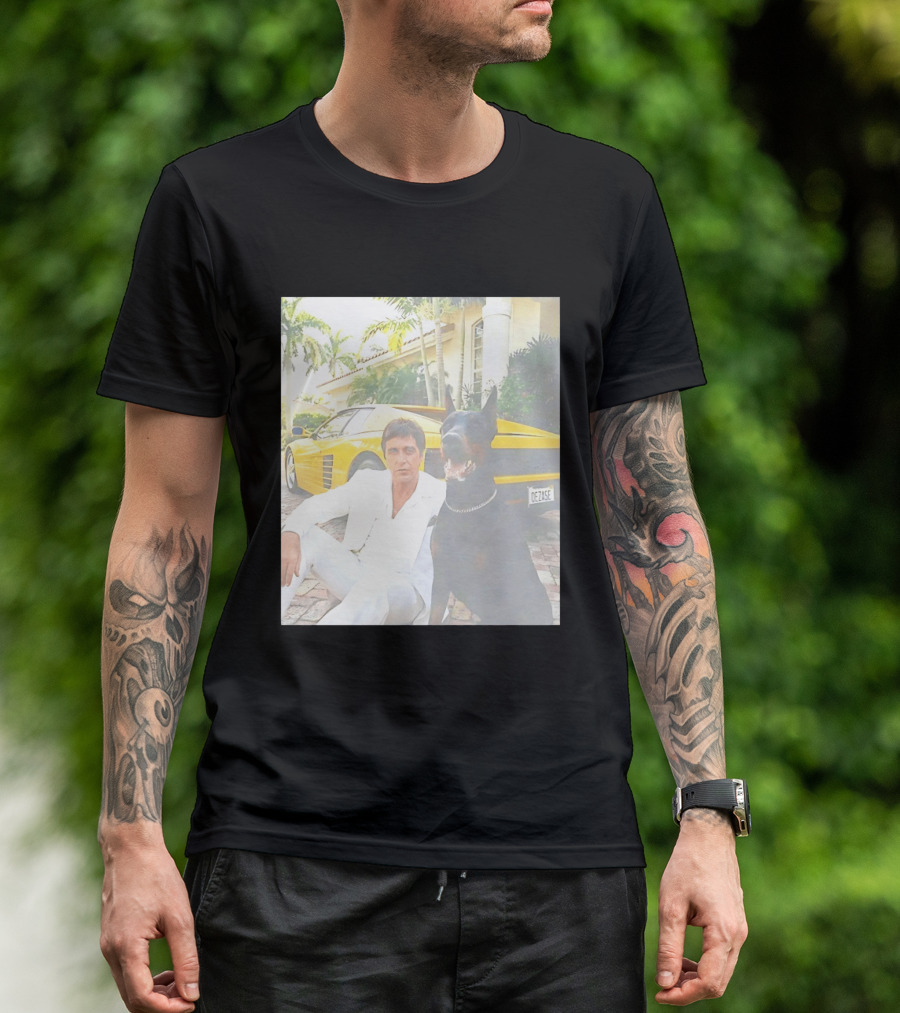 Tony Montana With Dog In Front Of Yellow Sports Car Scene From Scarface T-Shirt