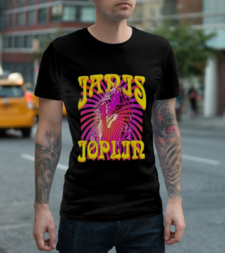 Janis Joplin Psychedelic Swirl Vibrant Yellow Text Pink Burst T-Shirt