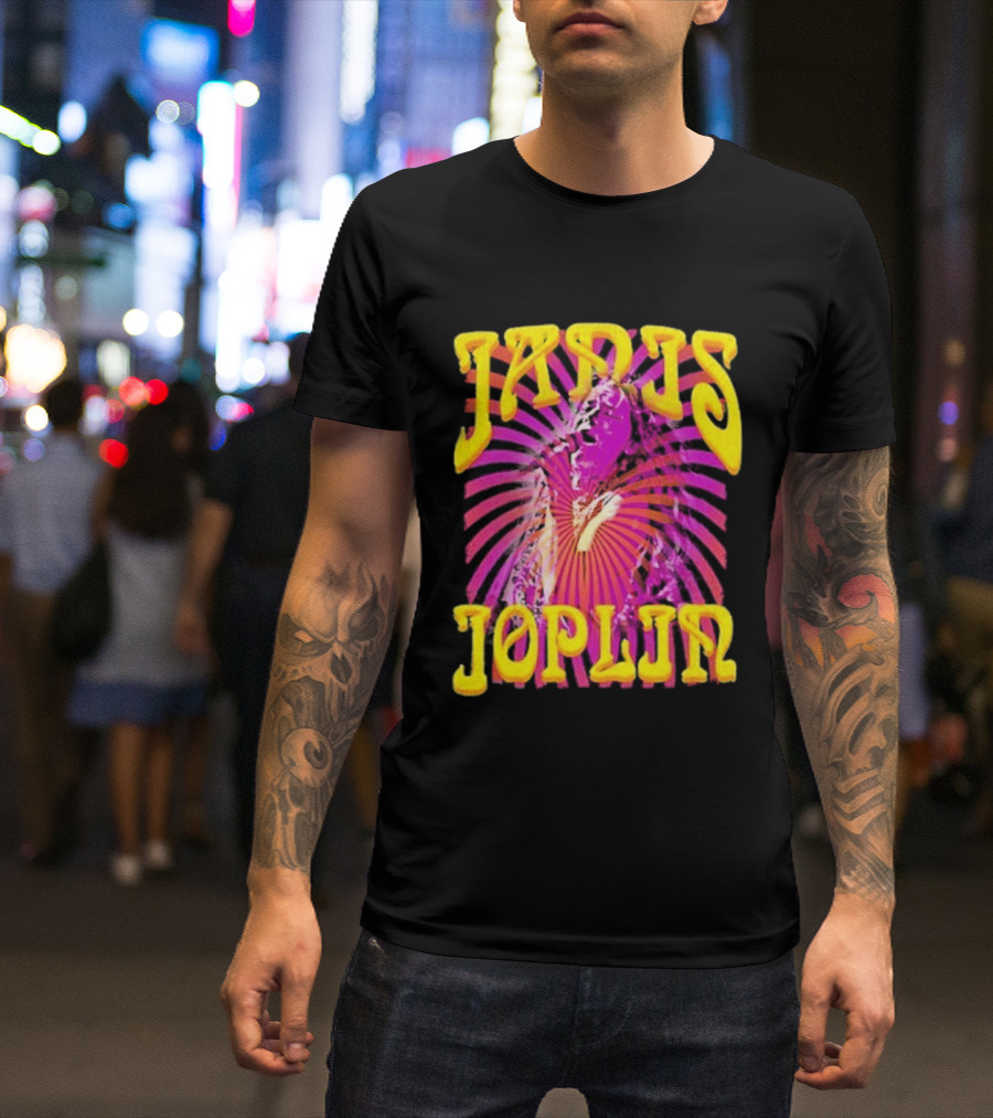 Janis Joplin Psychedelic Swirl Vibrant Yellow Text Pink Burst T-Shirt
