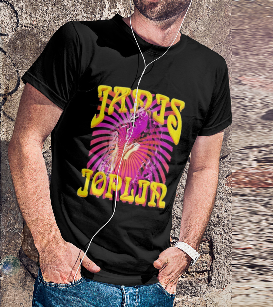Janis Joplin Psychedelic Swirl Vibrant Yellow Text Pink Burst T-Shirt