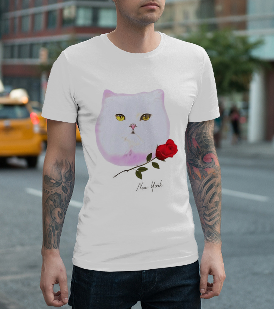 Cat Rose New York White Cat Face Yellow Eyes Red Rose T-Shirt