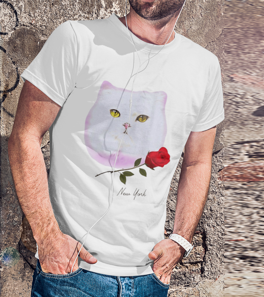 Cat Rose New York White Cat Face Yellow Eyes Red Rose T-Shirt