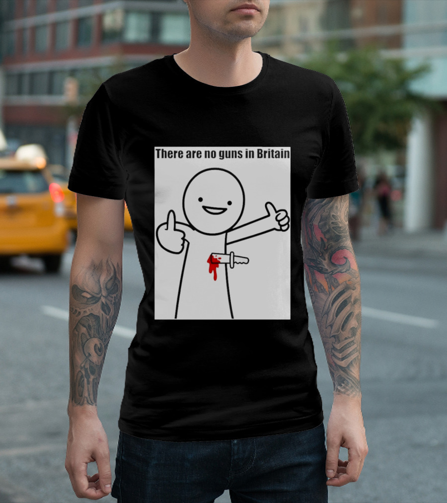 There Are No Guns In Britain Cartoon Knife Joke T-Shirt