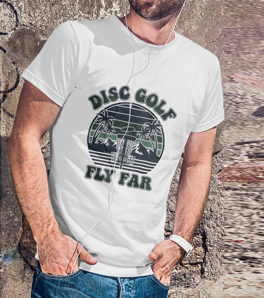 Disc Golf Fly Far Sunset Palm Trees Mountains T-Shirt