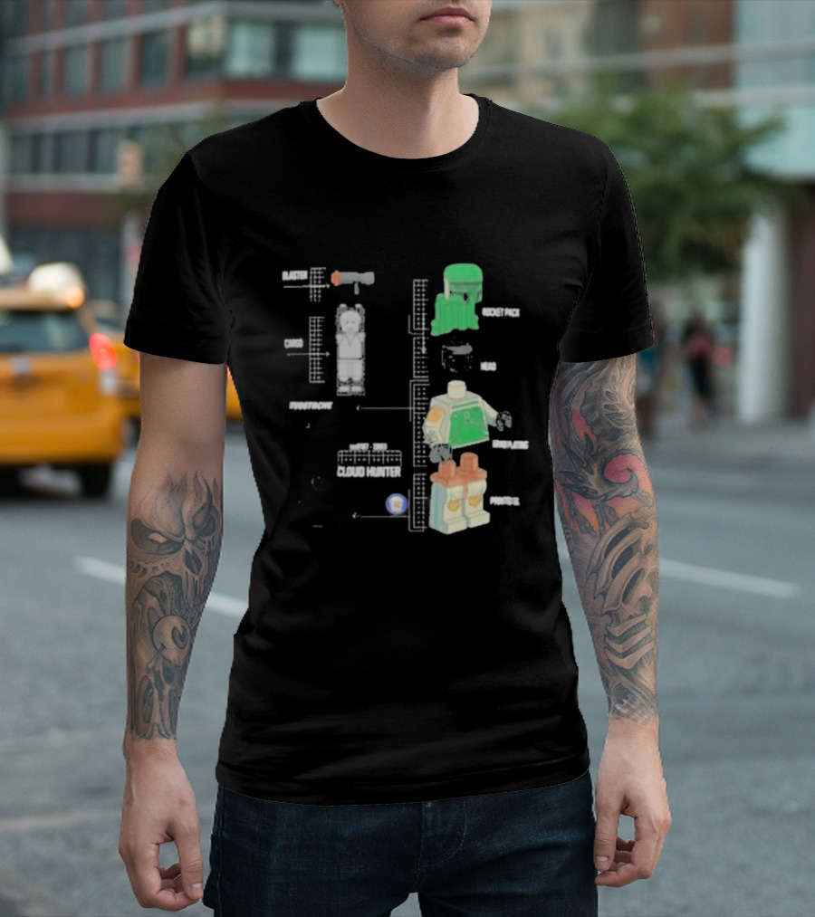 Studstache Cloud Hunter Blueprint With Block Figures And Sci Fi T-Shirt