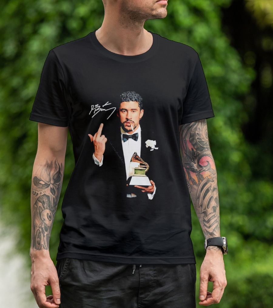 Bad Bunny Smoking Middle Finger Holding Grammy 2026 T-Shirt