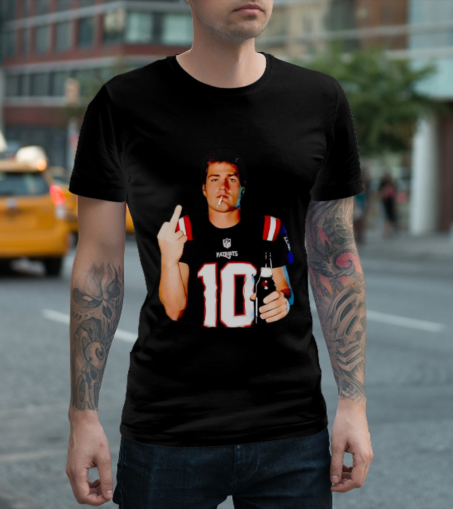 Drake Maye Middle Finger Smoking Holding Beer Can New England Patriots 10 T-Shirt