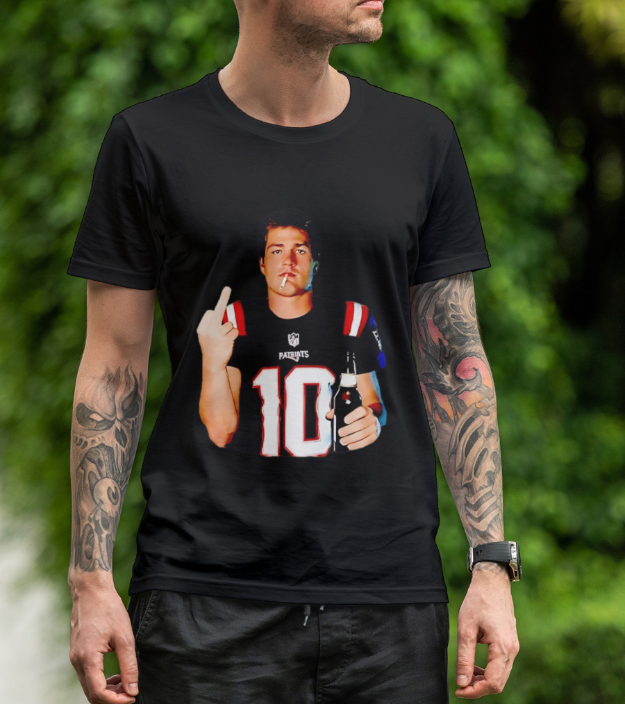 Drake Maye Middle Finger Smoking Holding Beer Can New England Patriots 10 T-Shirt