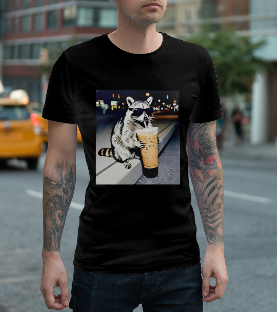 Raccoon Wearing Sunglasses Enjoying Iced Coffee Night Scene T-Shirt