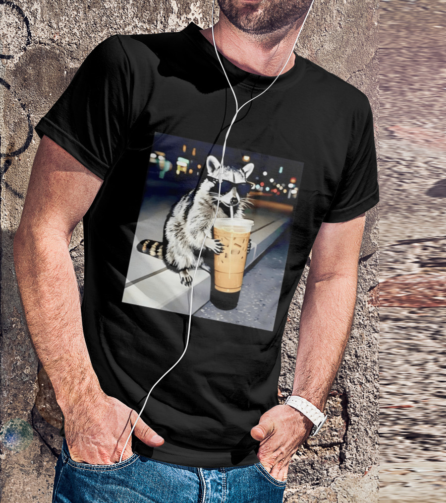 Raccoon Wearing Sunglasses Enjoying Iced Coffee Night Scene T-Shirt