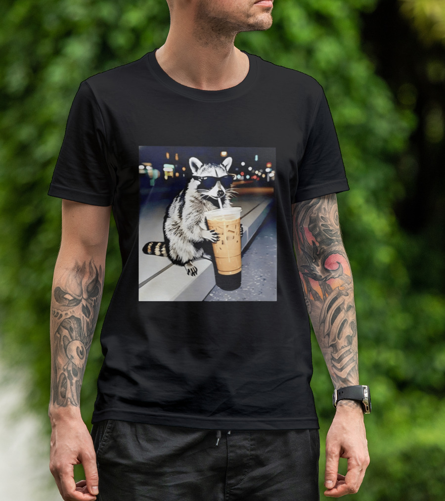 Raccoon Wearing Sunglasses Enjoying Iced Coffee Night Scene T-Shirt