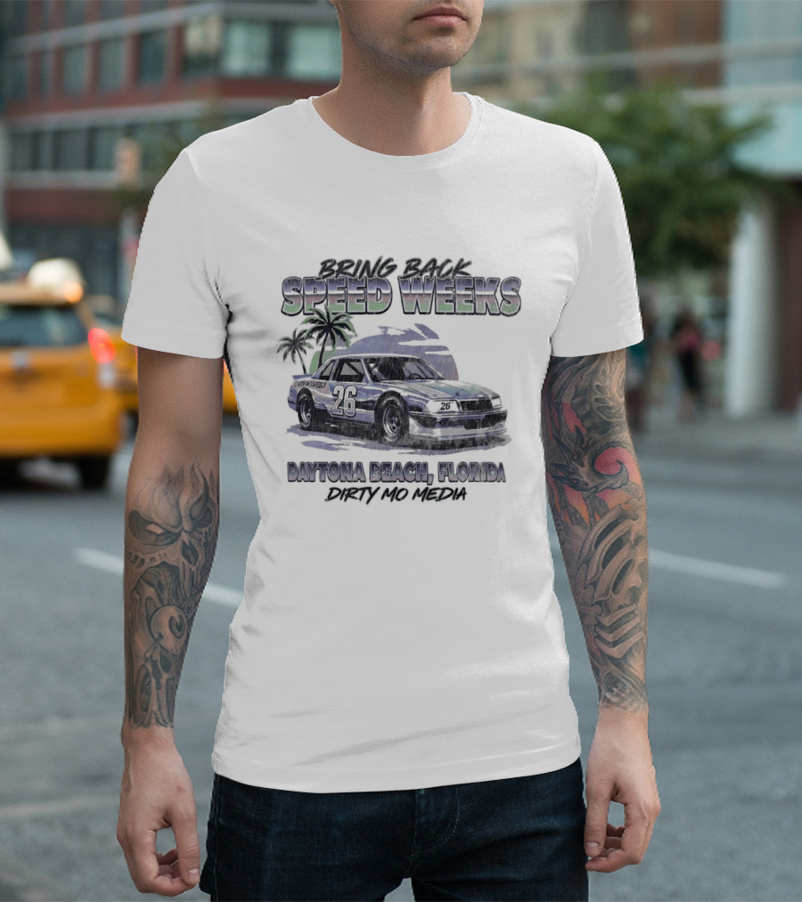 Bring Back Speed Weeks Daytona Beach Florida Dirty Mo Media Racing Car Palm Trees T-Shirt