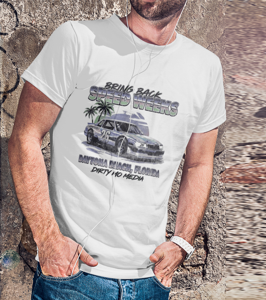 Bring Back Speed Weeks Daytona Beach Florida Dirty Mo Media Racing Car Palm Trees T-Shirt