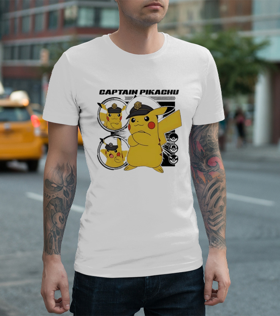 Captain Pikachu Cartoon Character With Hat And Expressions T-Shirt