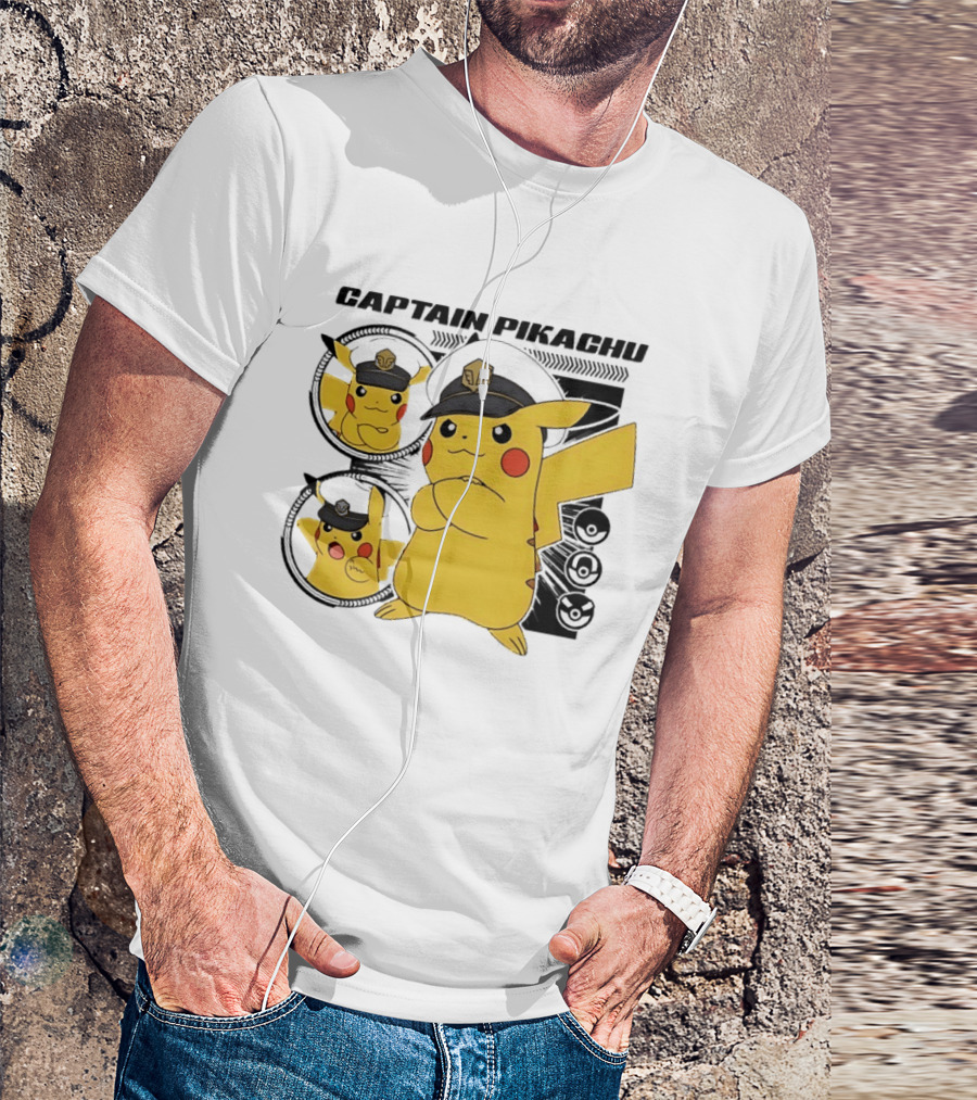 Captain Pikachu Cartoon Character With Hat And Expressions T-Shirt
