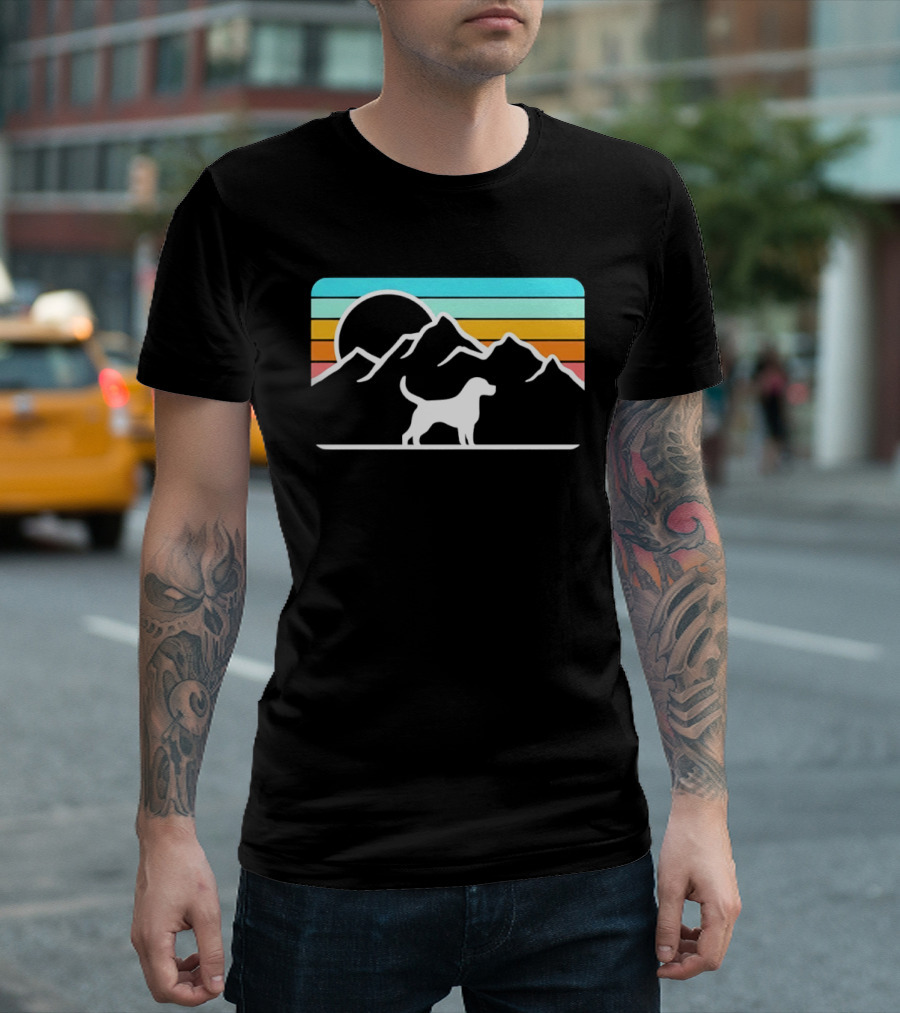 Dog With Mountain Retro Sunset T-Shirt