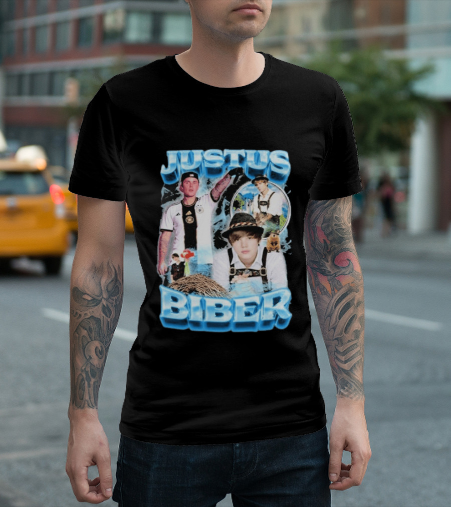 Justus Biber Justin Bieber Bavarian Inspired Collage Football Lederhosen T-Shirt