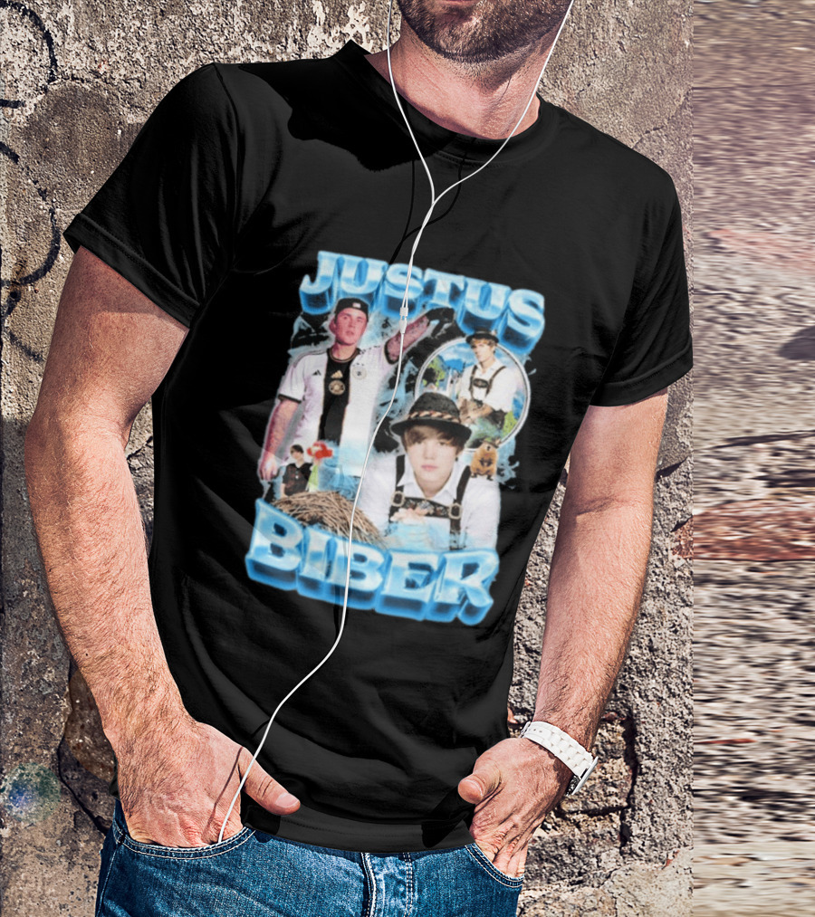 Justus Biber Justin Bieber Bavarian Inspired Collage Football Lederhosen T-Shirt