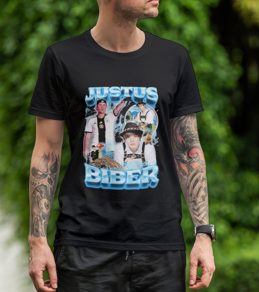 Justus Biber Justin Bieber Bavarian Inspired Collage Football Lederhosen T-Shirt