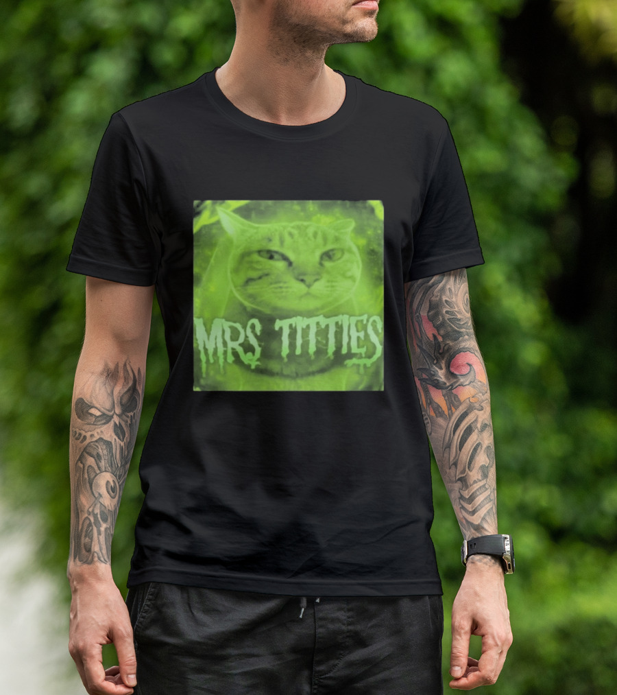 Mrs Titties Cat Glowing Neon Green Feline T-Shirt