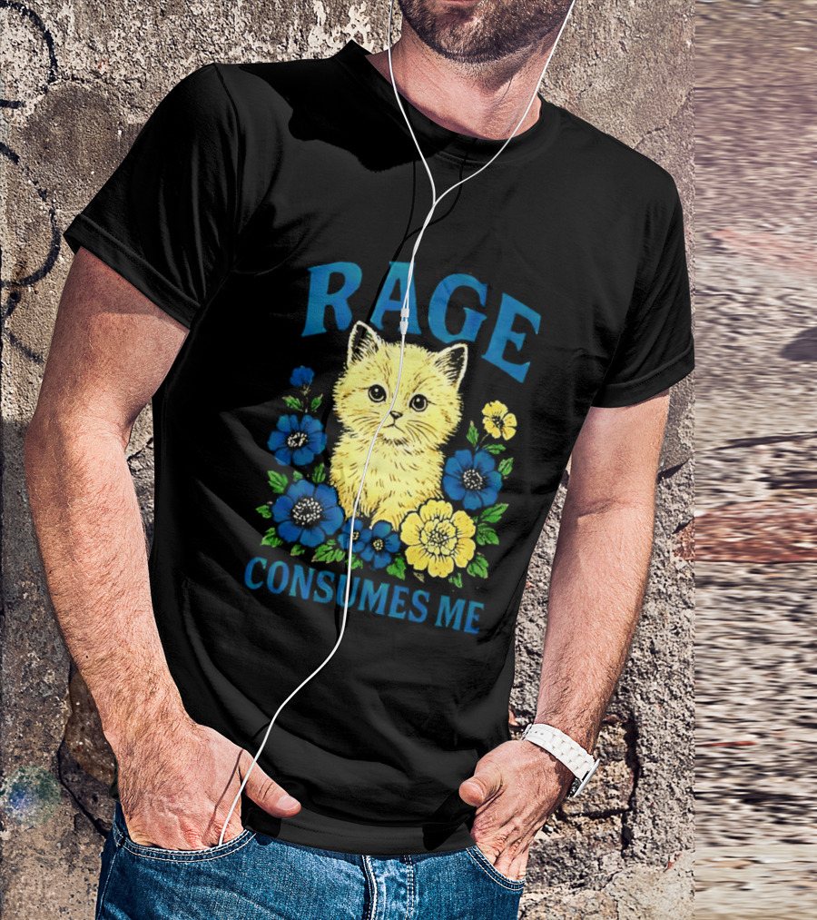 Rage Consumes Me Cat Surrounded By Blue And Yellow Flowers T-Shirt