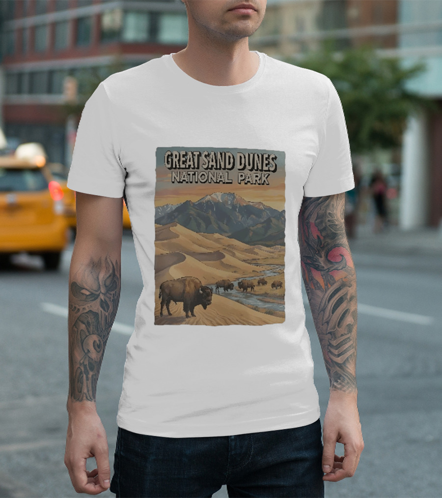 Great Sand Dunes National Park With Buffalo And Mountains Scene T-Shirt