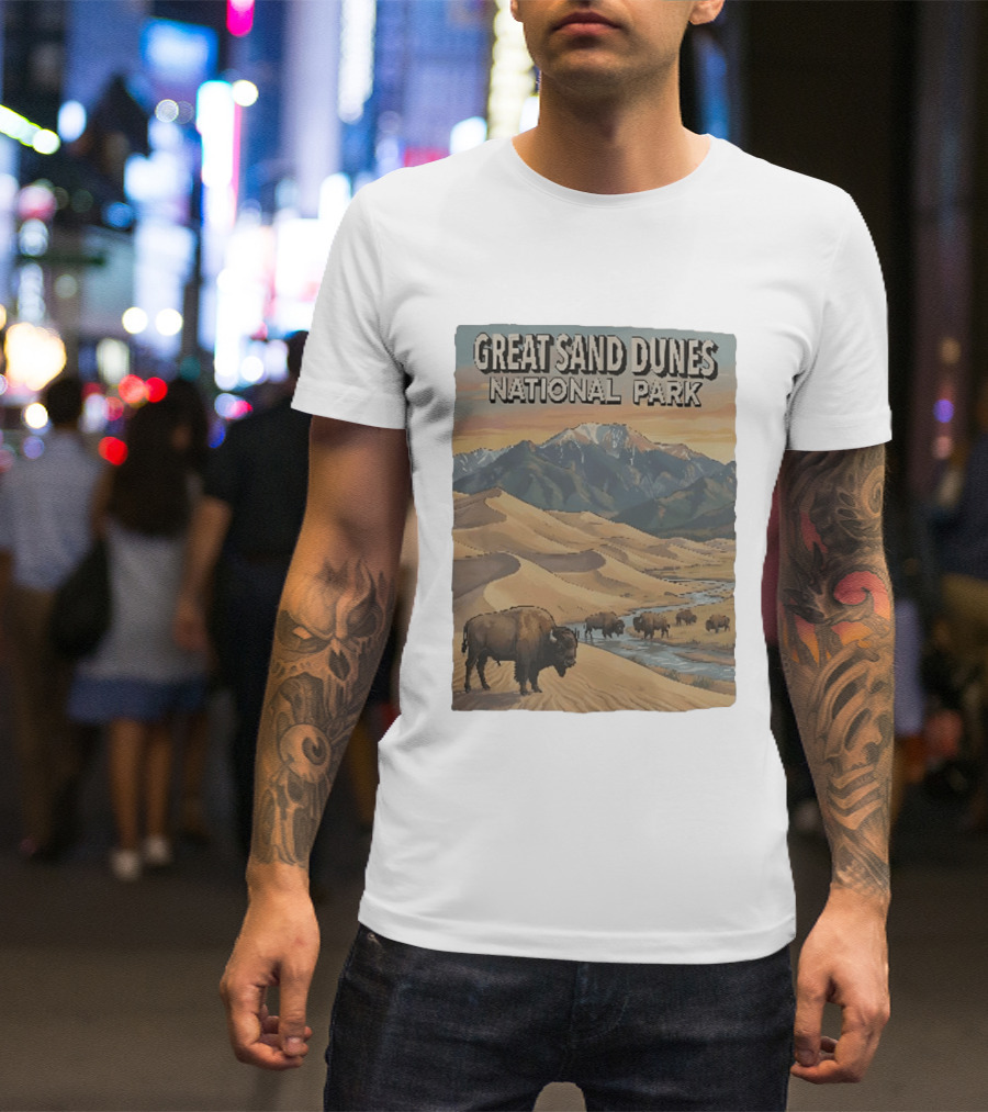 Great Sand Dunes National Park With Buffalo And Mountains Scene T-Shirt