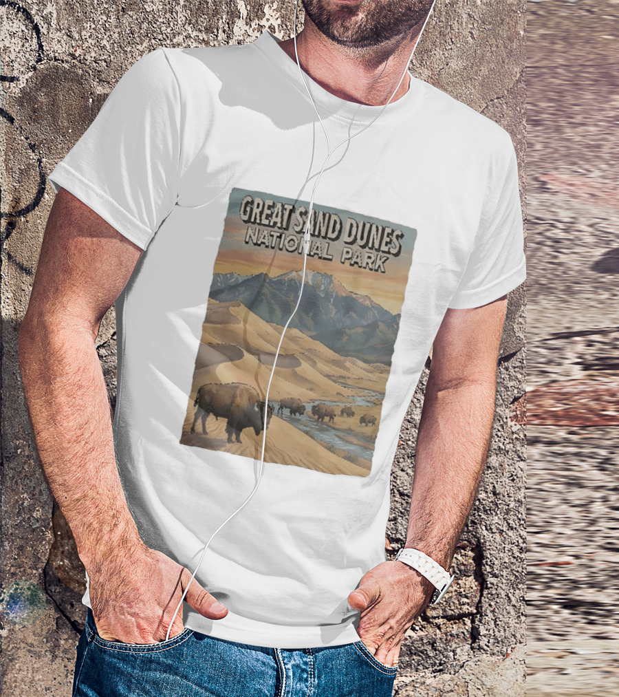 Great Sand Dunes National Park With Buffalo And Mountains Scene T-Shirt