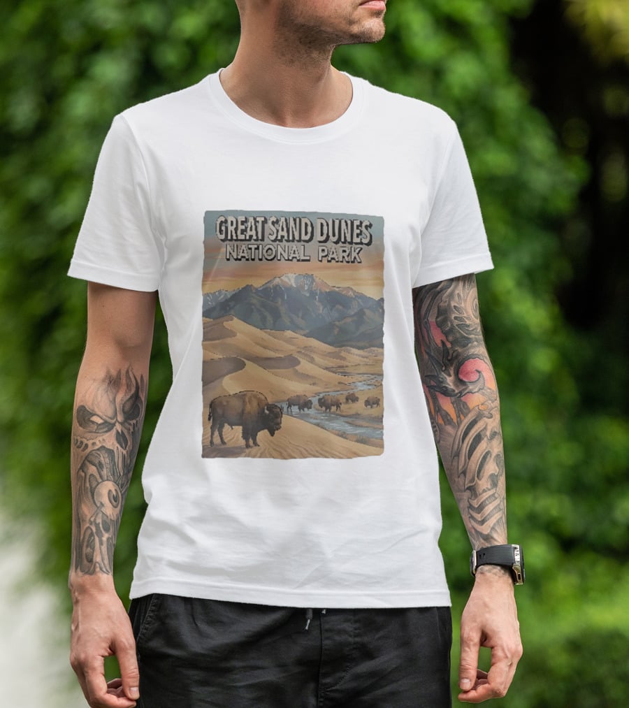 Great Sand Dunes National Park With Buffalo And Mountains Scene T-Shirt