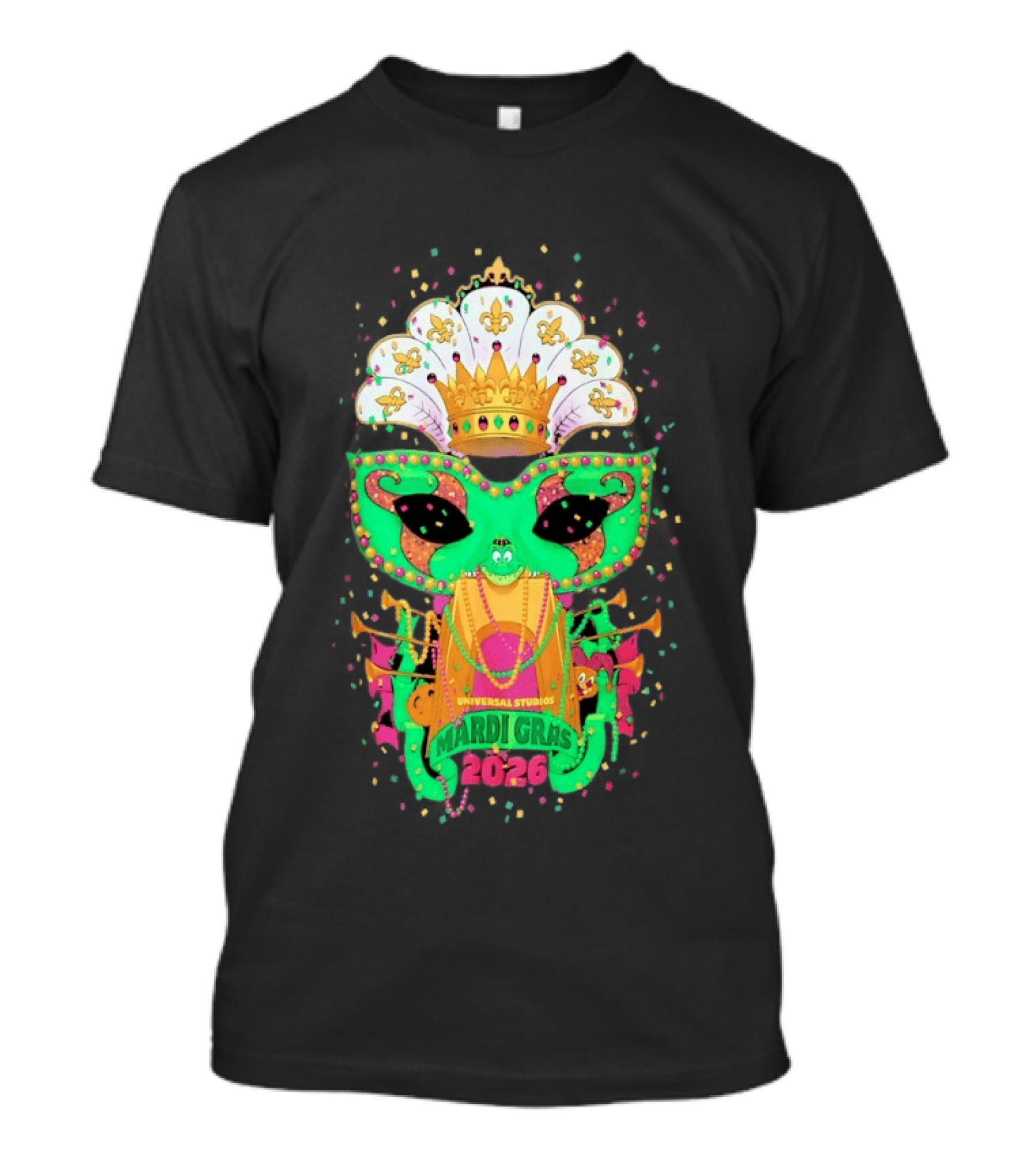 Universal Studios Mardi Gras 2026 Festive Mask And Crown Celebration T-Shirt