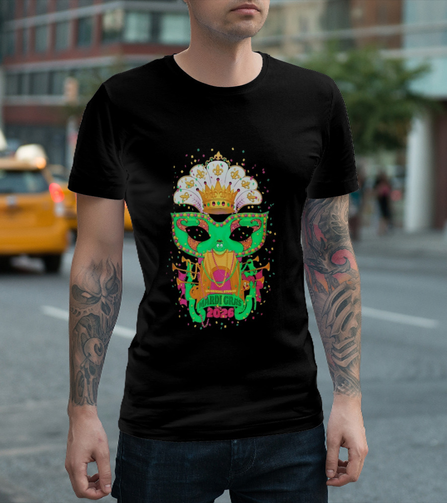 Universal Studios Mardi Gras 2026 Festive Mask And Crown Celebration T-Shirt