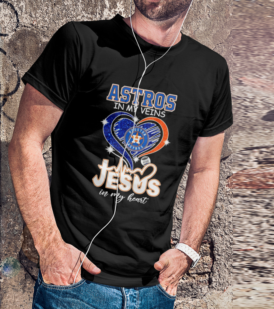 Houston Astros In My Veins Jesus In My Heart Heartbeat Diamond Shape T-Shirt