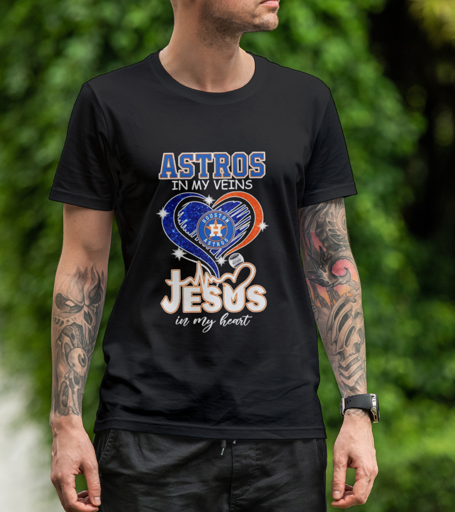 Houston Astros In My Veins Jesus In My Heart Heartbeat Diamond Shape T-Shirt