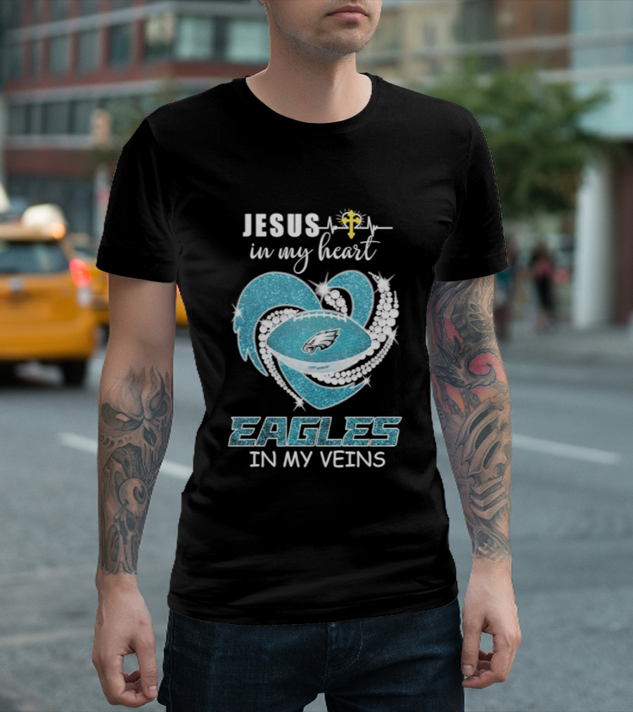 Jesus In My Heart Eagles In My Veins Diamond Heart Shape Football T-Shirt