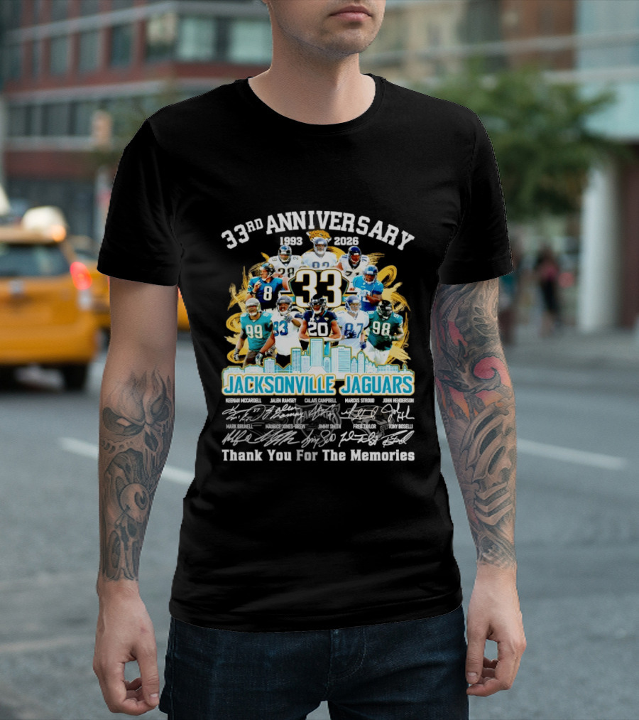 Jacksonville Jaguars 33rd Anniversary Players Collage City Skyline T-Shirt