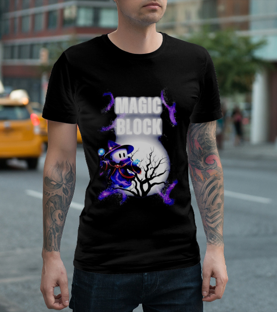 Magic Block Wizard With Glowing Orbs And Mystical Tree T-Shirt