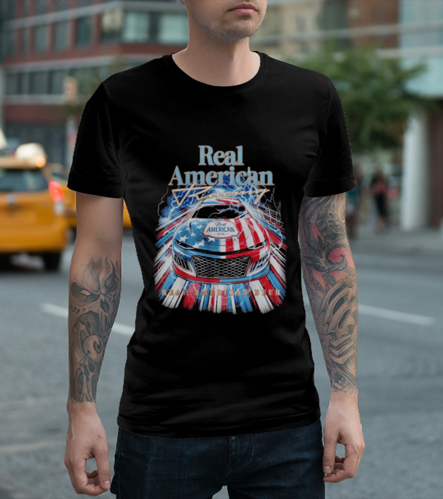 Real American Beer Racing Car With Stars And Stripes T-Shirt