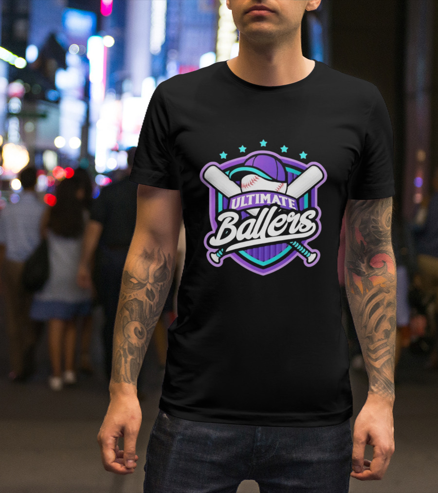 Ultimate Ballers Baseball Purple Cap Bats Retro Five Stars T-Shirt