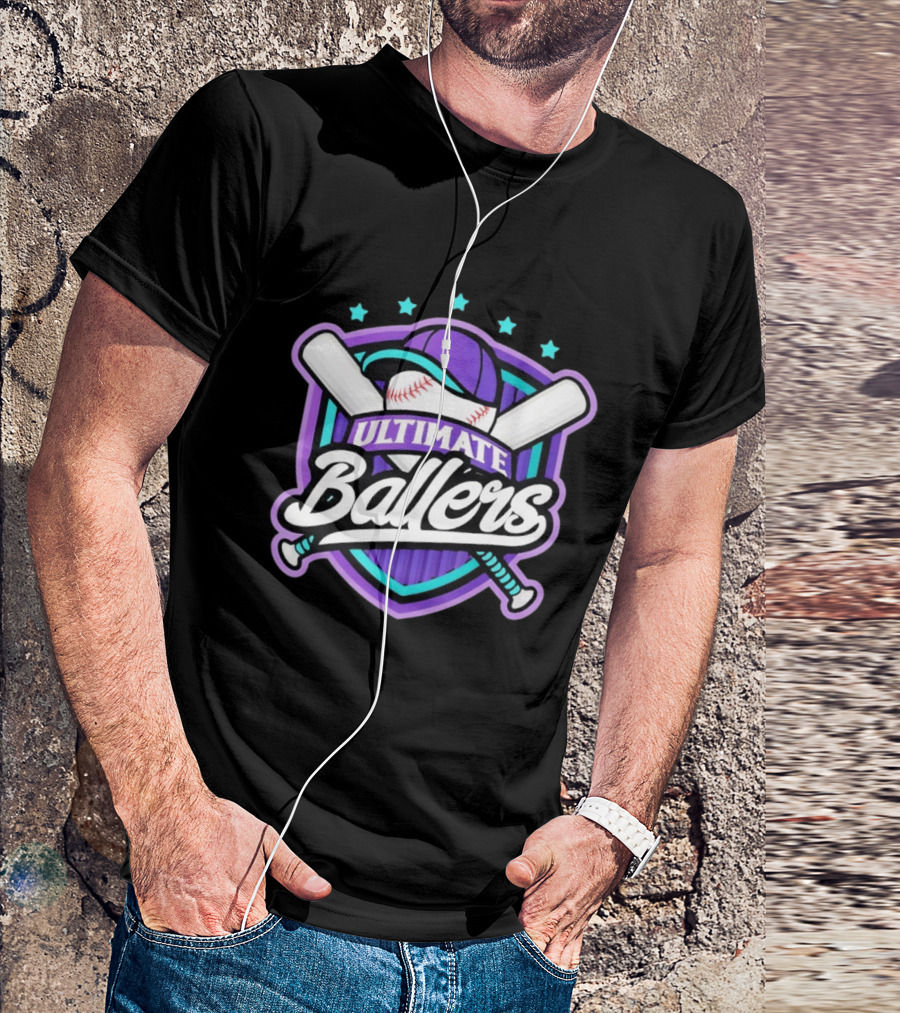 Ultimate Ballers Baseball Purple Cap Bats Retro Five Stars T-Shirt