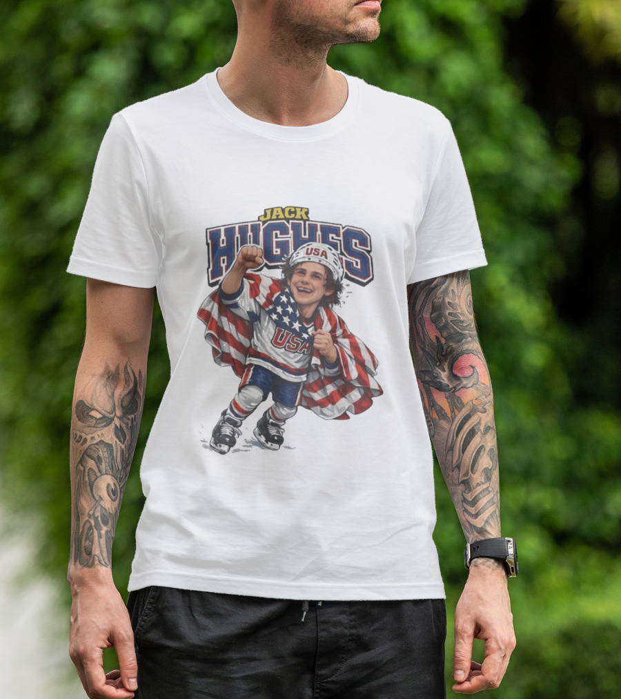 Jack Hughes USA Hockey Caricature American Flag T-Shirt