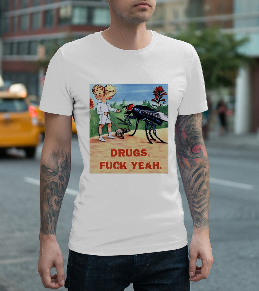 DRUGS FUCK YEAH Retro Cartoon Big Fly Tiny Elephant T-Shirt