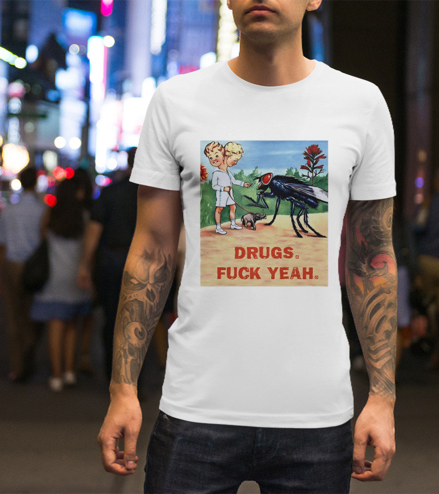 DRUGS FUCK YEAH Retro Cartoon Big Fly Tiny Elephant T-Shirt