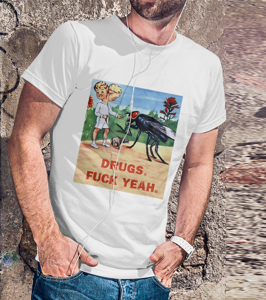 DRUGS FUCK YEAH Retro Cartoon Big Fly Tiny Elephant T-Shirt